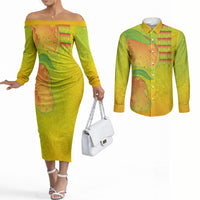 Hawaiian Mango Couples Matching Off The Shoulder Long Sleeve Dress and Long Sleeve Button Shirt Polynesian Art Pattern and Kakau Tattoo LT03 Yellow - Polynesian Pride