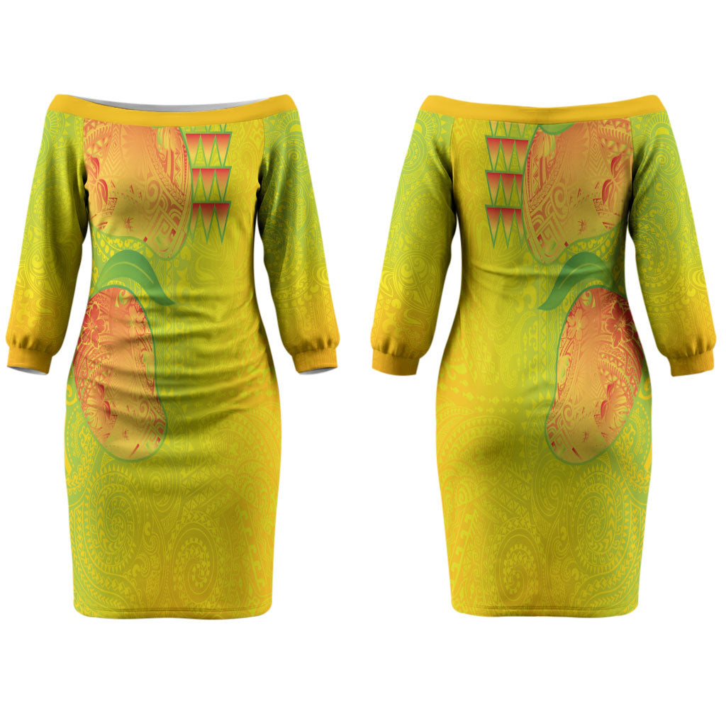 Hawaiian Mango Couples Matching Off The Shoulder Long Sleeve Dress and Long Sleeve Button Shirt Polynesian Art Pattern and Kakau Tattoo LT03 - Polynesian Pride
