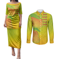 Hawaiian Mango Couples Matching Puletasi and Long Sleeve Button Shirt Polynesian Art Pattern and Kakau Tattoo LT03 Yellow - Polynesian Pride