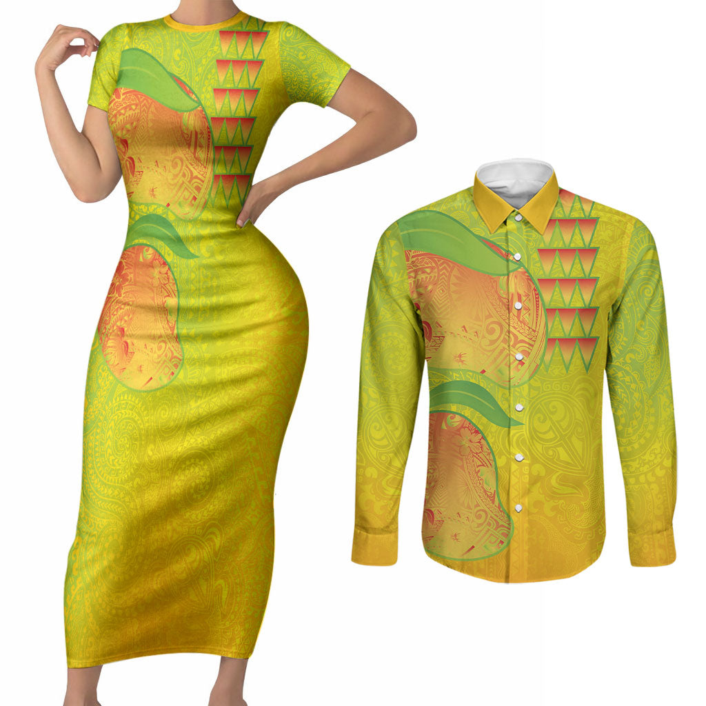 Hawaiian Mango Couples Matching Short Sleeve Bodycon Dress and Long Sleeve Button Shirt Polynesian Art Pattern and Kakau Tattoo LT03 Yellow - Polynesian Pride