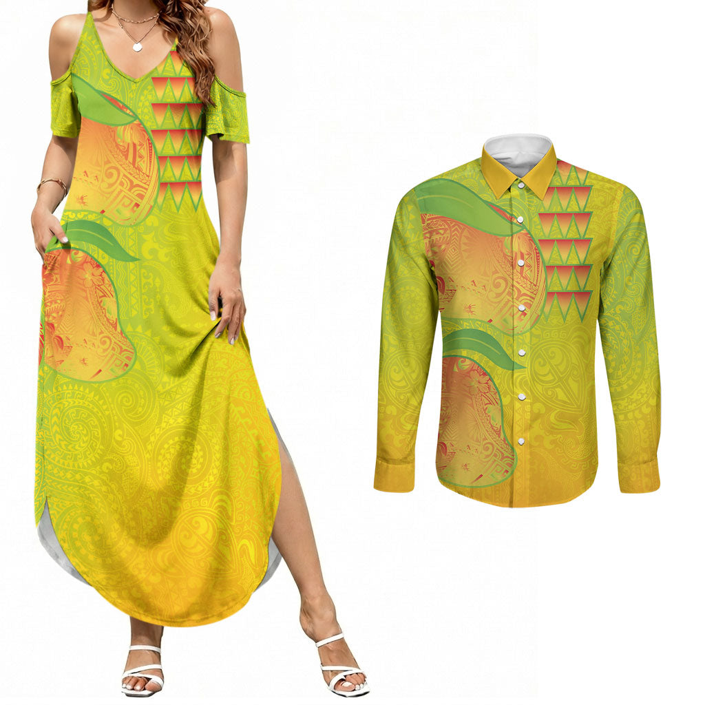 Hawaiian Mango Couples Matching Summer Maxi Dress and Long Sleeve Button Shirt Polynesian Art Pattern and Kakau Tattoo LT03 Yellow - Polynesian Pride