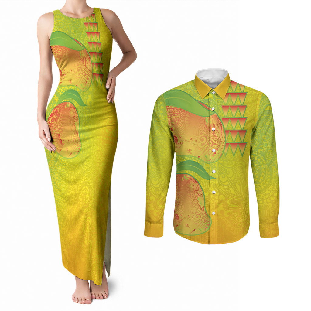 Hawaiian Mango Couples Matching Tank Maxi Dress and Long Sleeve Button Shirt Polynesian Art Pattern and Kakau Tattoo LT03 Yellow - Polynesian Pride