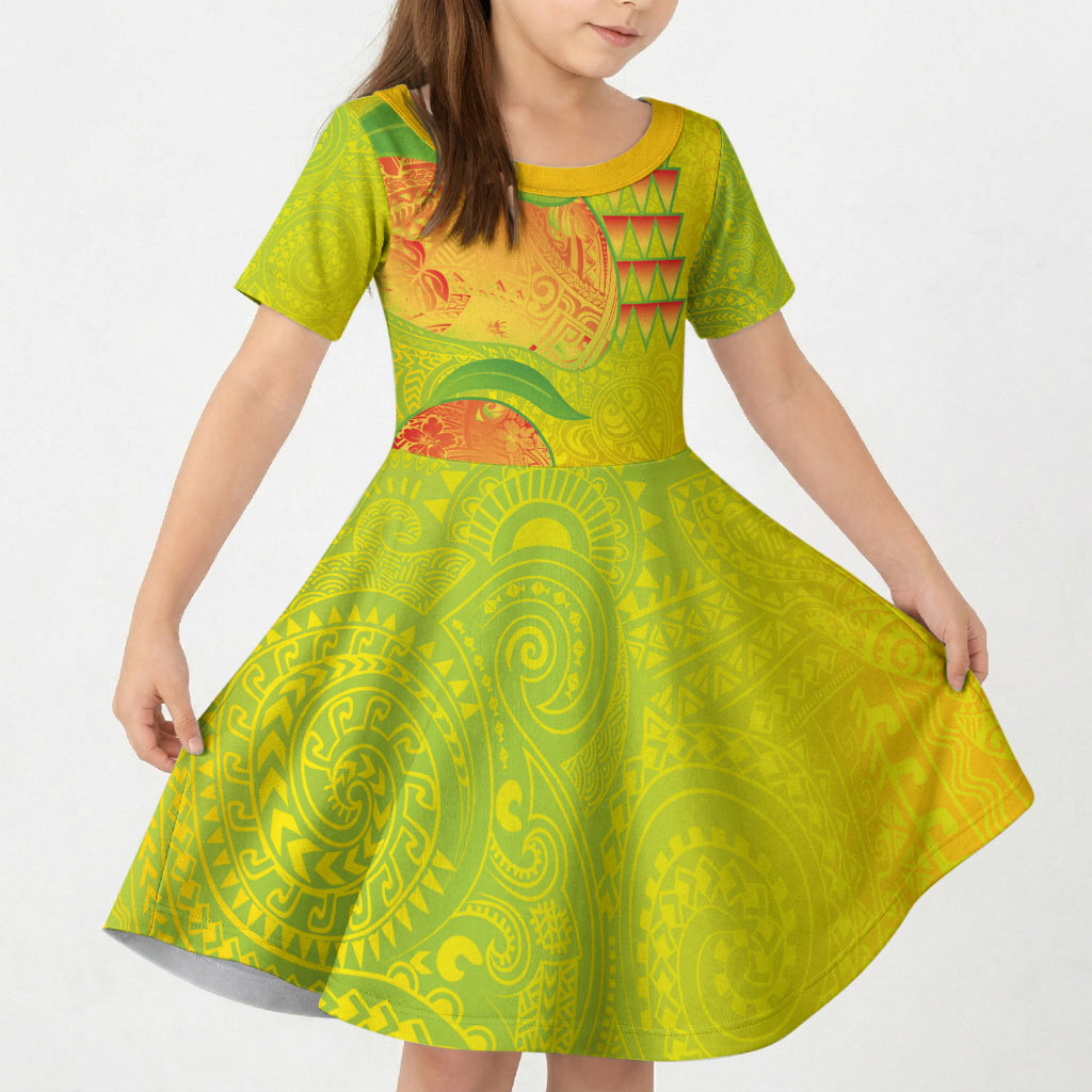 Hawaiian Mango Kid Short Sleeve Dress Polynesian Art Pattern and Kakau Tattoo LT03 KID Yellow - Polynesian Pride