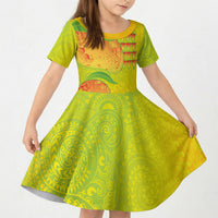 Hawaiian Mango Kid Short Sleeve Dress Polynesian Art Pattern and Kakau Tattoo LT03 KID Yellow - Polynesian Pride