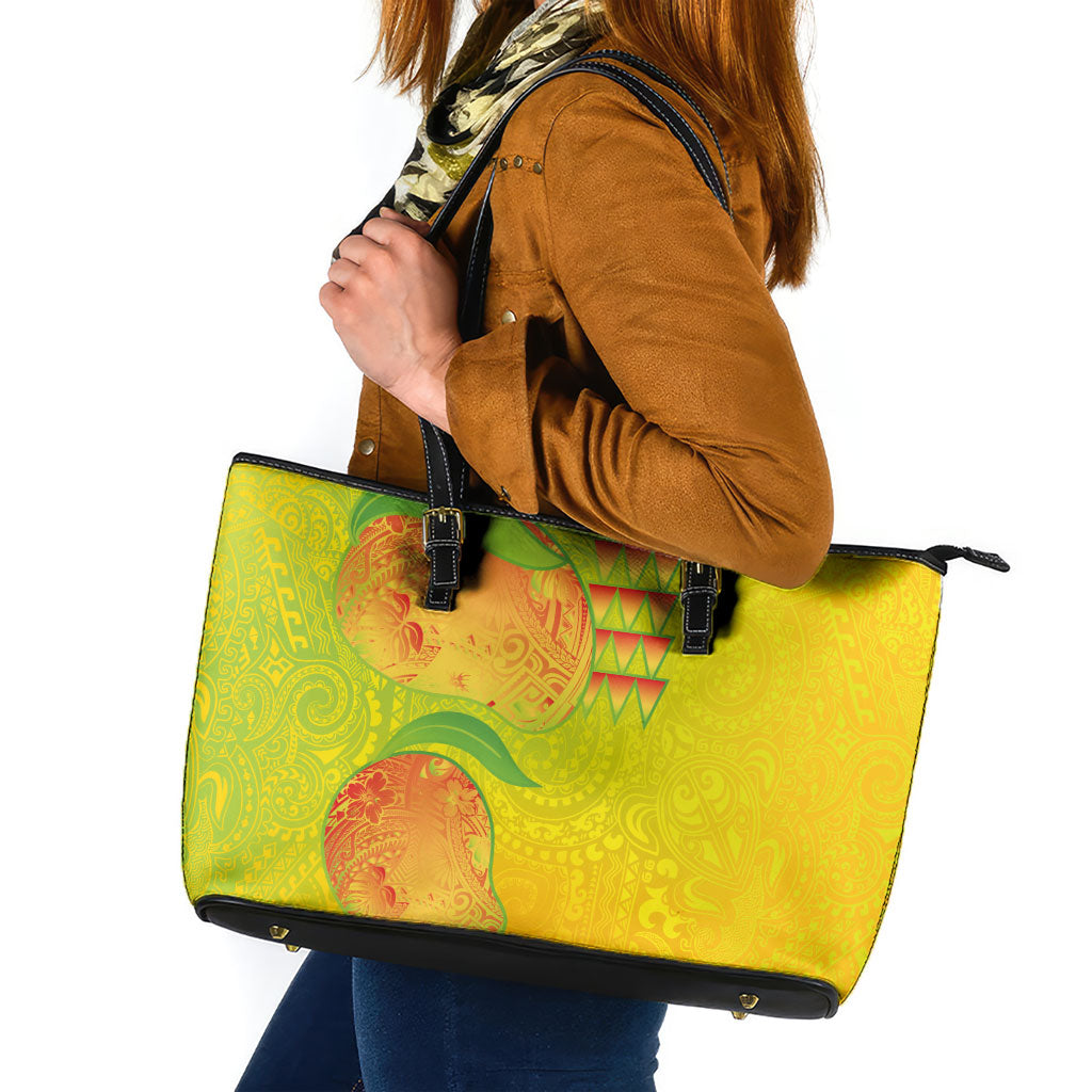 Hawaiian Mango Leather Tote Bag Polynesian Art Pattern and Kakau Tattoo LT03 Yellow - Polynesian Pride