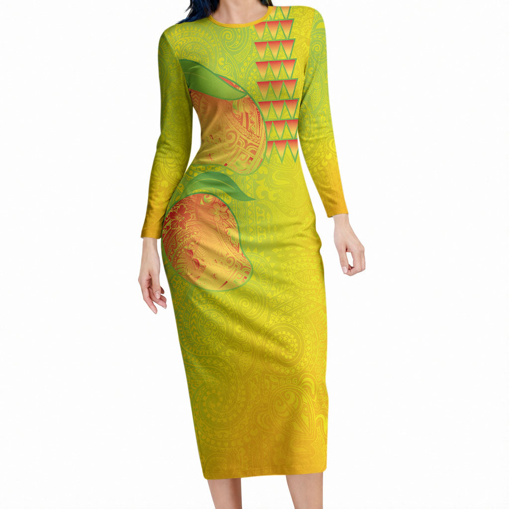 Hawaiian Mango Long Sleeve Bodycon Dress Polynesian Art Pattern and Kakau Tattoo LT03 Long Dress Yellow - Polynesian Pride