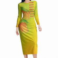 Hawaiian Mango Long Sleeve Bodycon Dress Polynesian Art Pattern and Kakau Tattoo LT03 Long Dress Yellow - Polynesian Pride