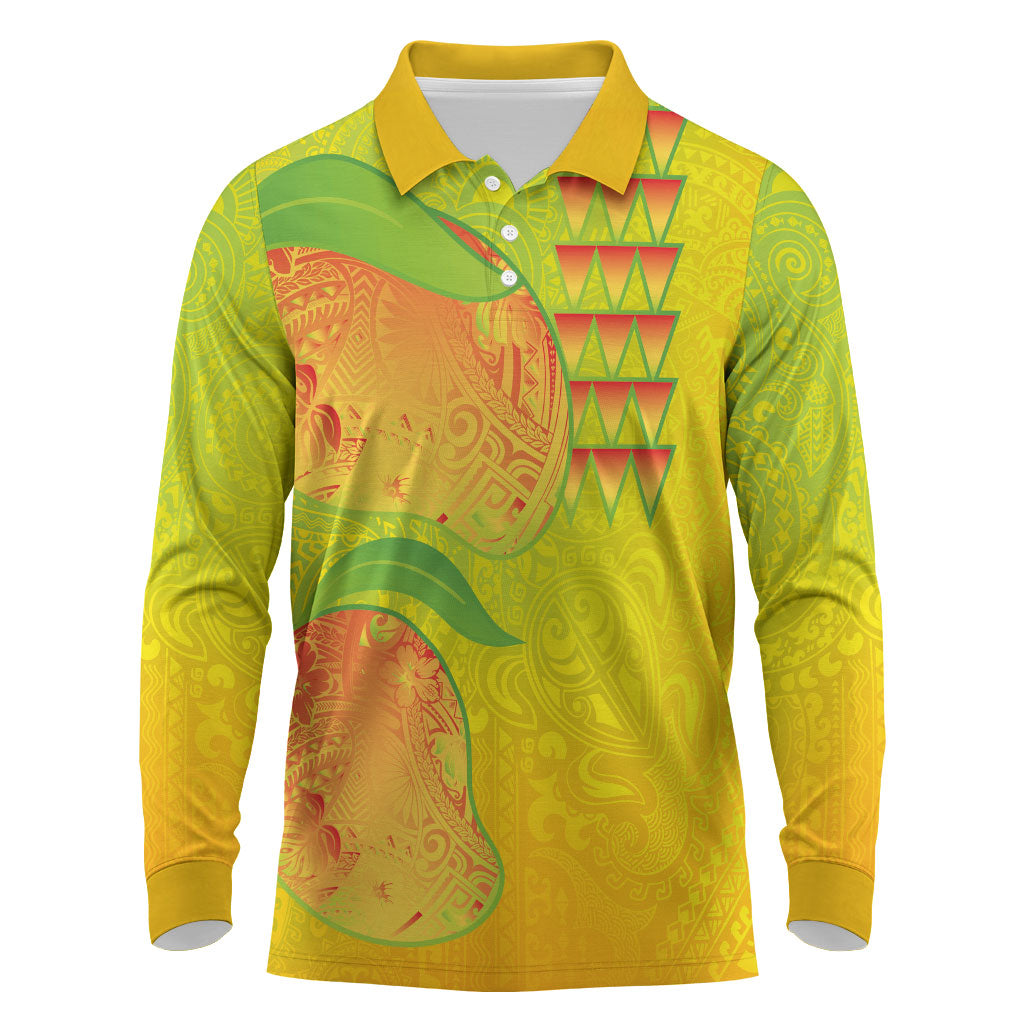 Hawaiian Mango Long Sleeve Polo Shirt Polynesian Art Pattern and Kakau Tattoo LT03 Yellow - Polynesian Pride
