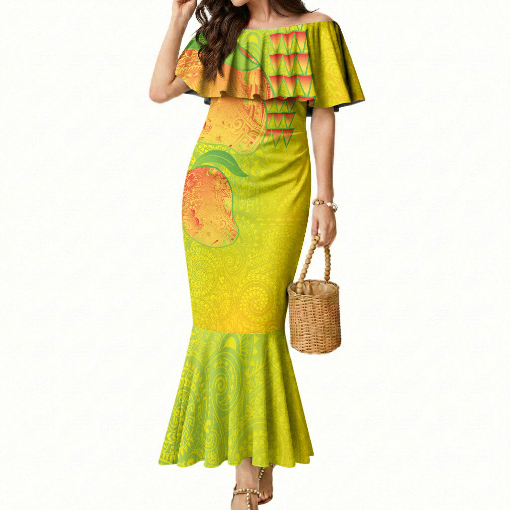 Hawaiian Mango Mermaid Dress Polynesian Art Pattern and Kakau Tattoo LT03 Women Yellow - Polynesian Pride