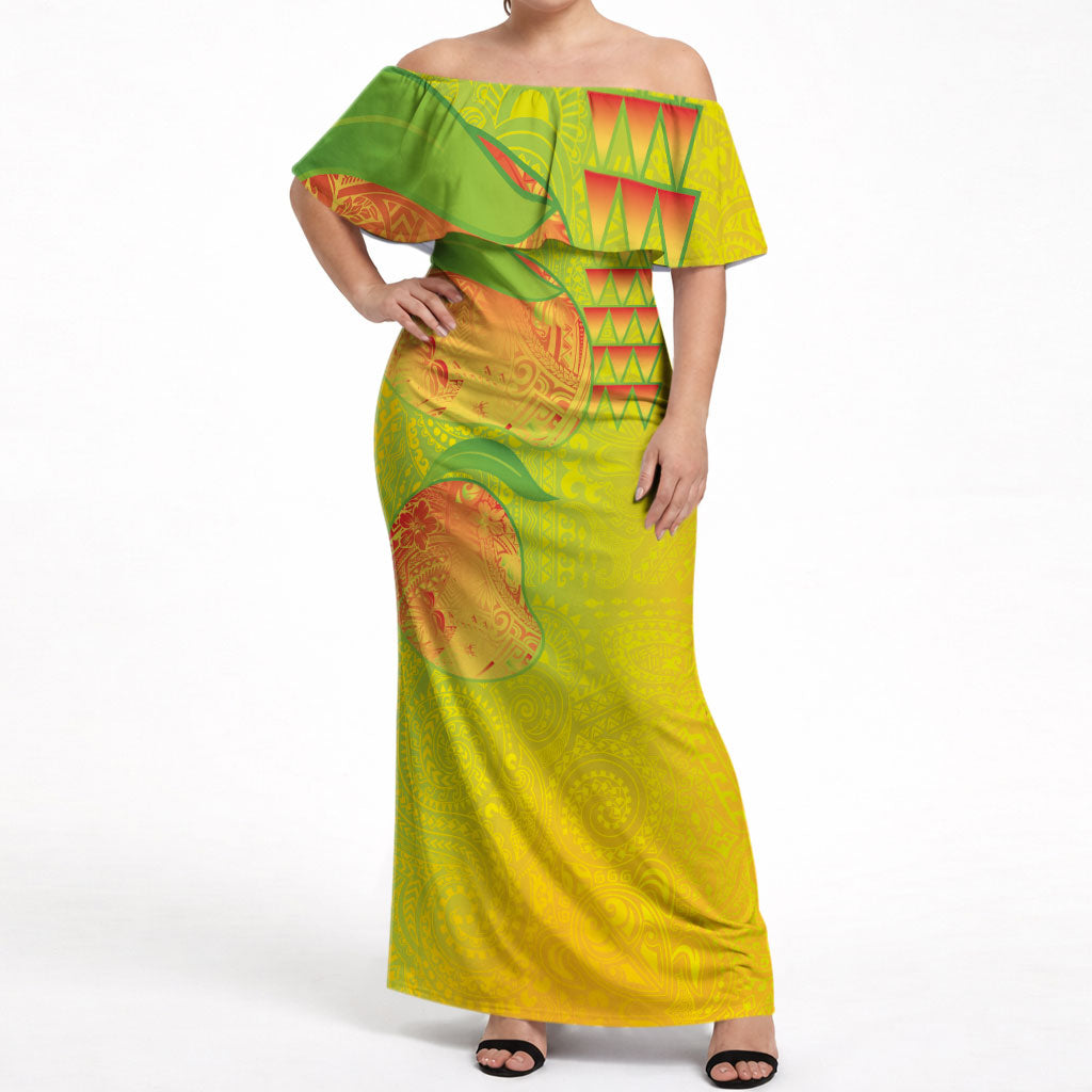 Hawaiian Mango Off Shoulder Maxi Dress Polynesian Art Pattern and Kakau Tattoo LT03 Women Yellow - Polynesian Pride