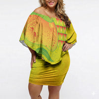 Hawaiian Mango Off Shoulder Short Dress Polynesian Art Pattern and Kakau Tattoo LT03 Women Yellow - Polynesian Pride