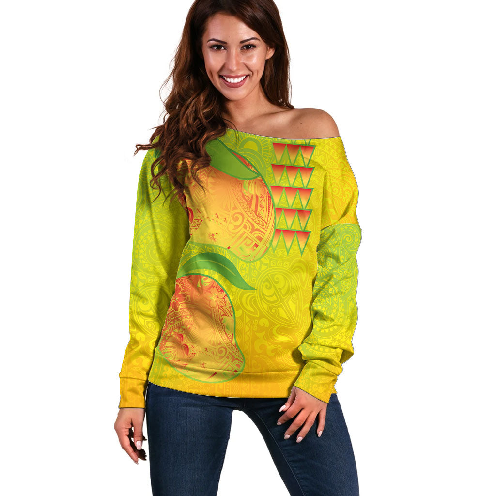 Hawaiian Mango Off Shoulder Sweater Polynesian Art Pattern and Kakau Tattoo LT03 Women Yellow - Polynesian Pride
