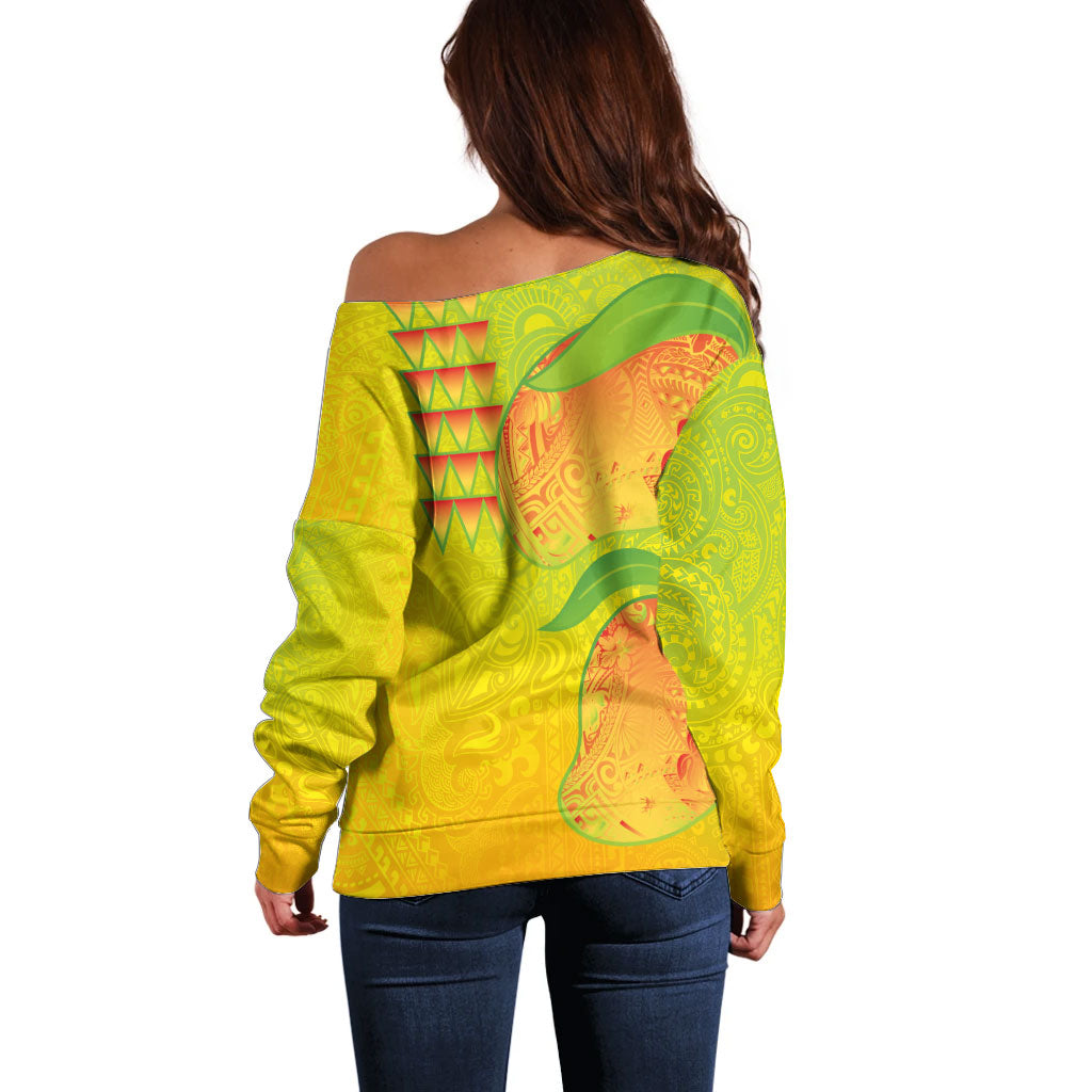 Hawaiian Mango Off Shoulder Sweater Polynesian Art Pattern and Kakau Tattoo LT03 - Polynesian Pride