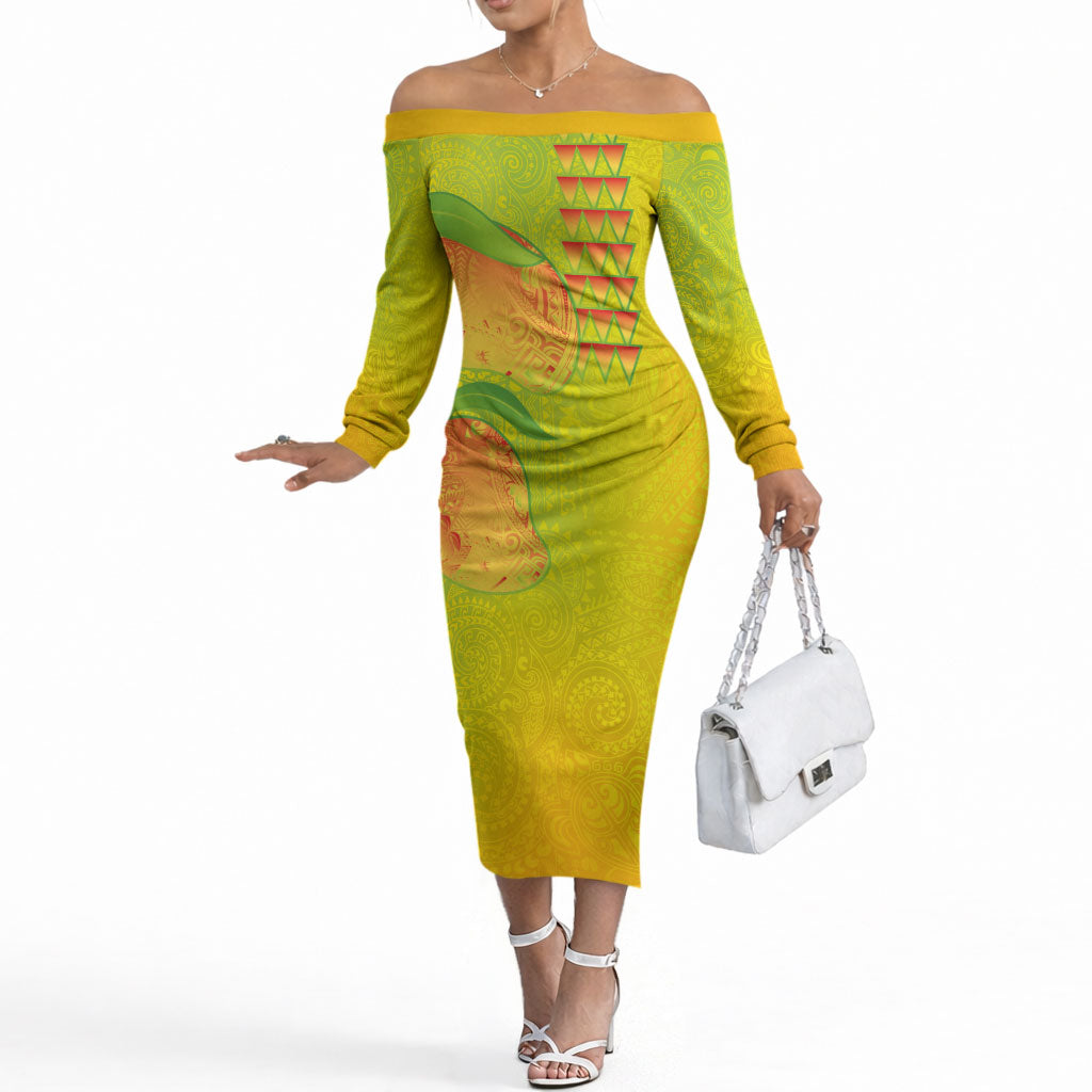 Hawaiian Mango Off The Shoulder Long Sleeve Dress Polynesian Art Pattern and Kakau Tattoo LT03 Women Yellow - Polynesian Pride