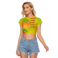 Hawaiian Mango Raglan Cropped T Shirt Polynesian Art Pattern and Kakau Tattoo LT03 Female Yellow - Polynesian Pride