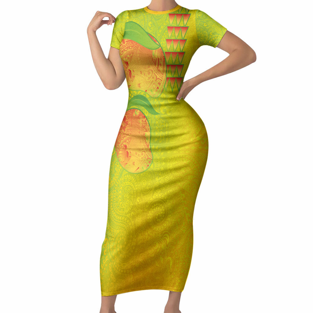 Hawaiian Mango Short Sleeve Bodycon Dress Polynesian Art Pattern and Kakau Tattoo LT03 Long Dress Yellow - Polynesian Pride
