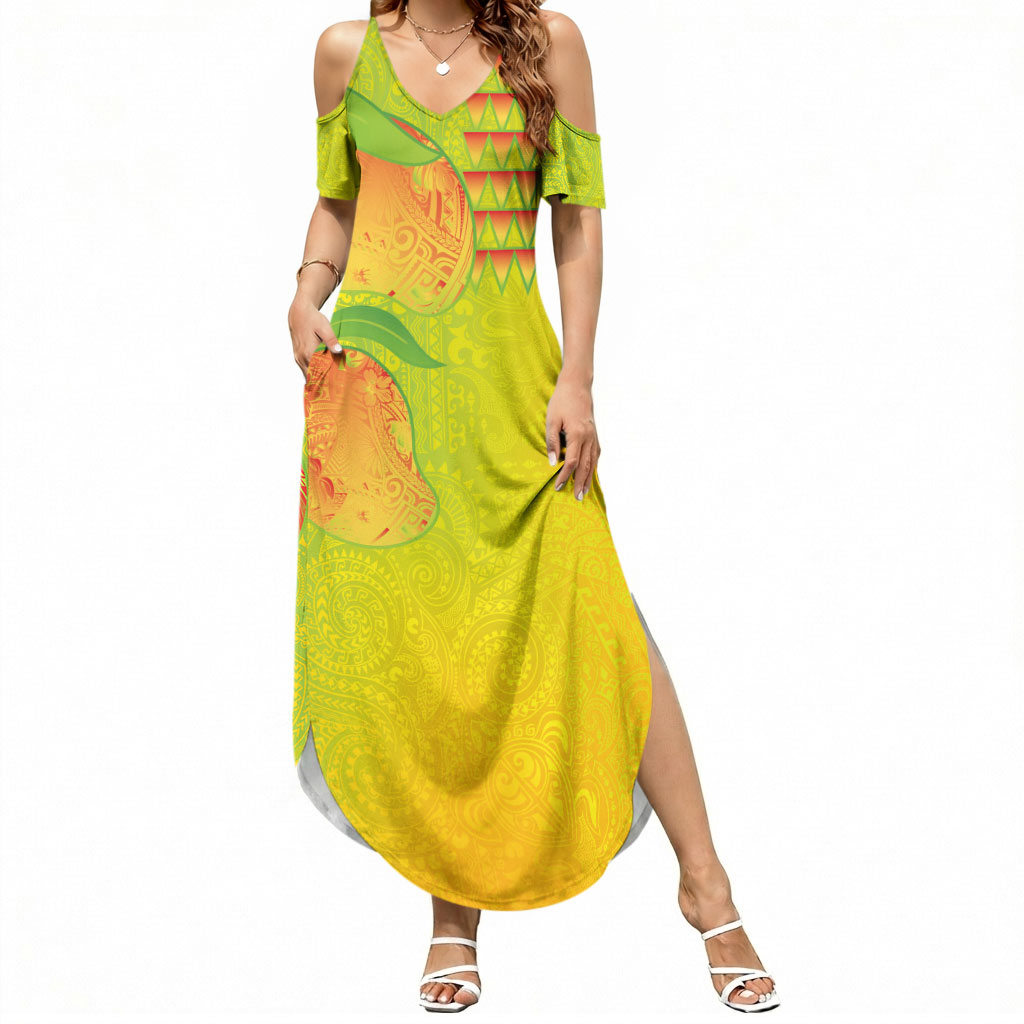 Hawaiian Mango Summer Maxi Dress Polynesian Art Pattern and Kakau Tattoo LT03 Women Yellow - Polynesian Pride
