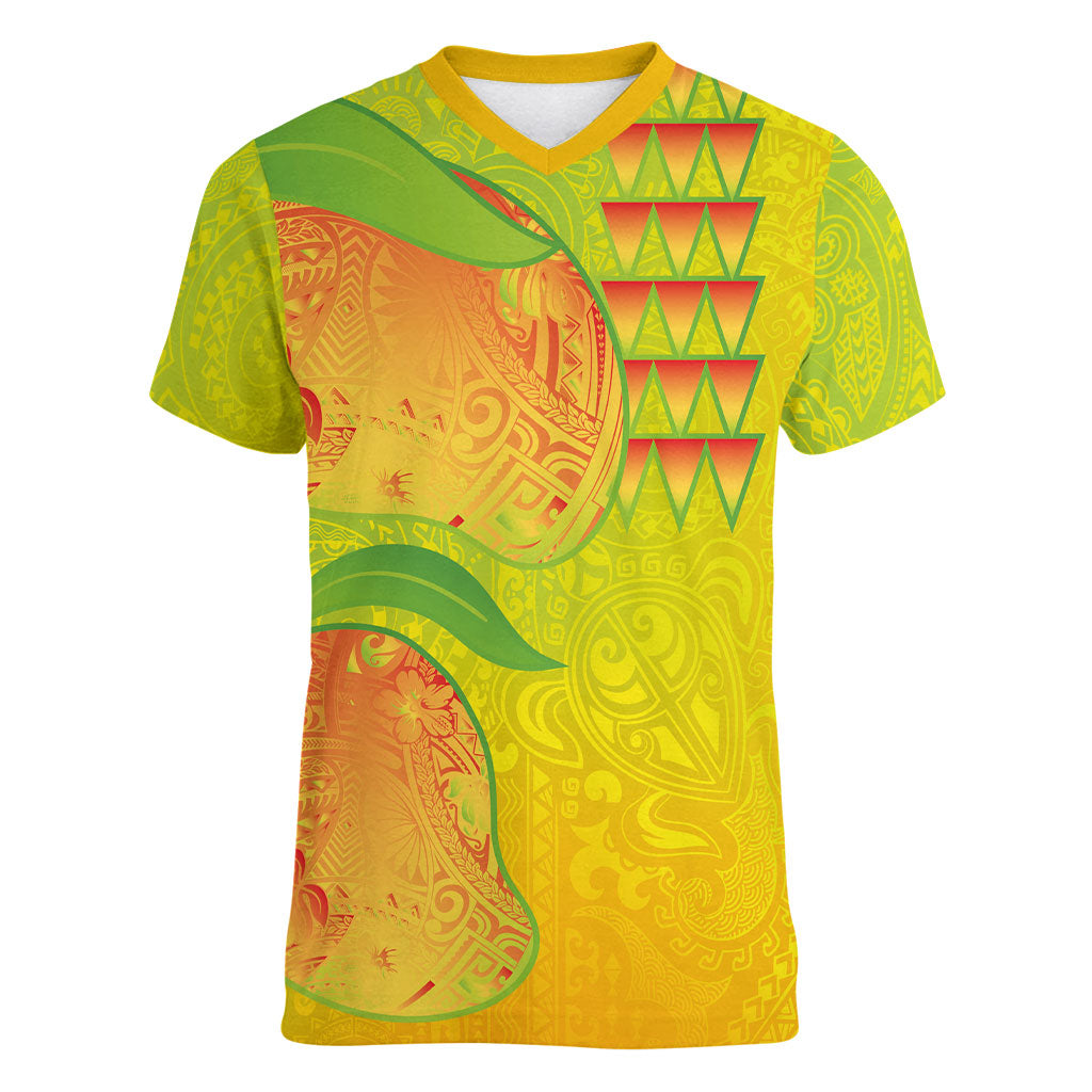 Hawaiian Mango Women V-Neck T-Shirt Polynesian Art Pattern and Kakau Tattoo LT03 Female Yellow - Polynesian Pride