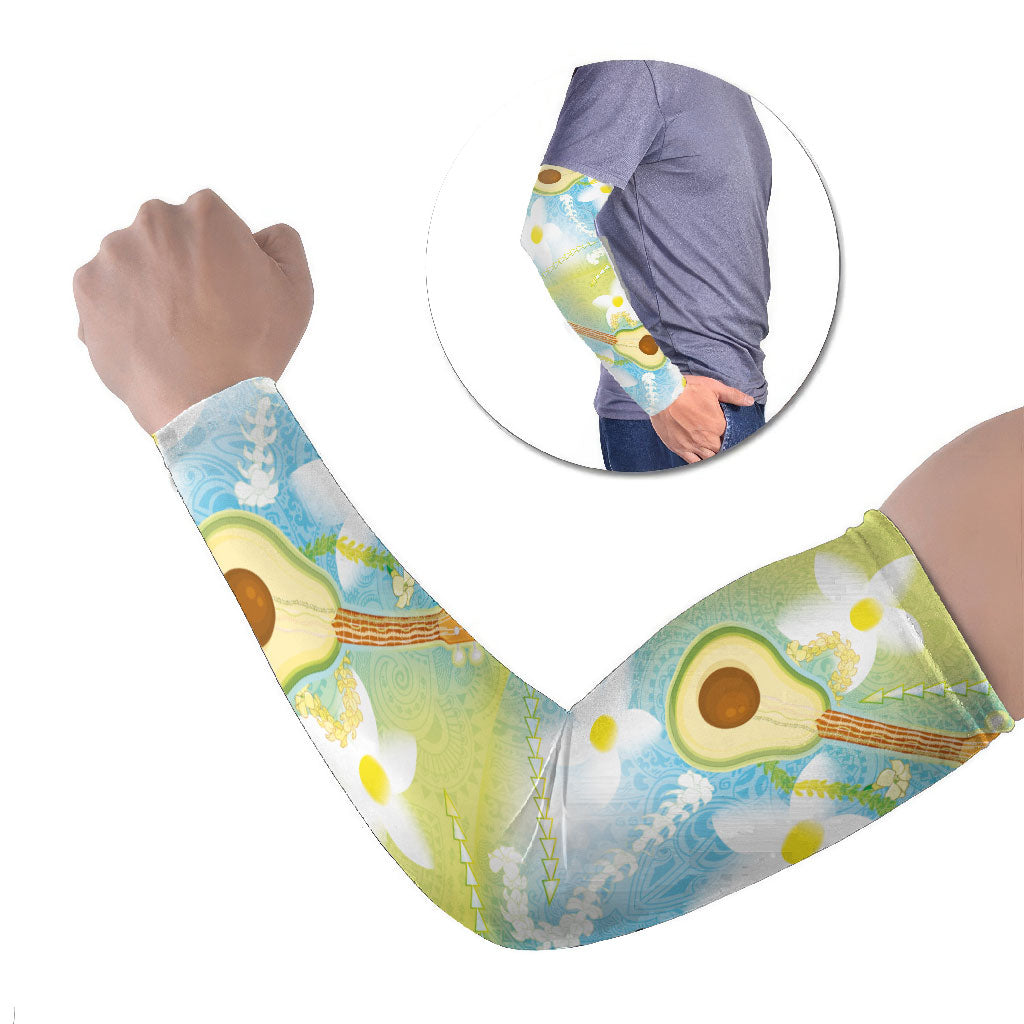 Hawaiian Ukulele Avocado Arm Sleeves Leis and Polynesian Pattern LT03 Set of 2 White - Polynesian Pride