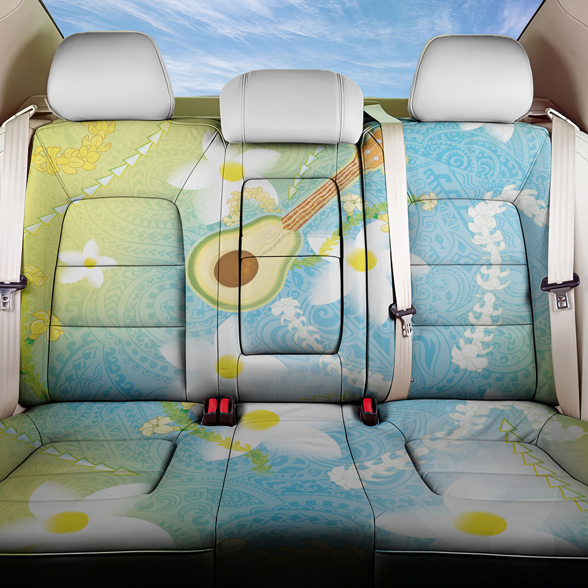 Hawaiian Ukulele Avocado Back Car Seat Cover Leis and Polynesian Pattern LT03 One Size White - Polynesian Pride