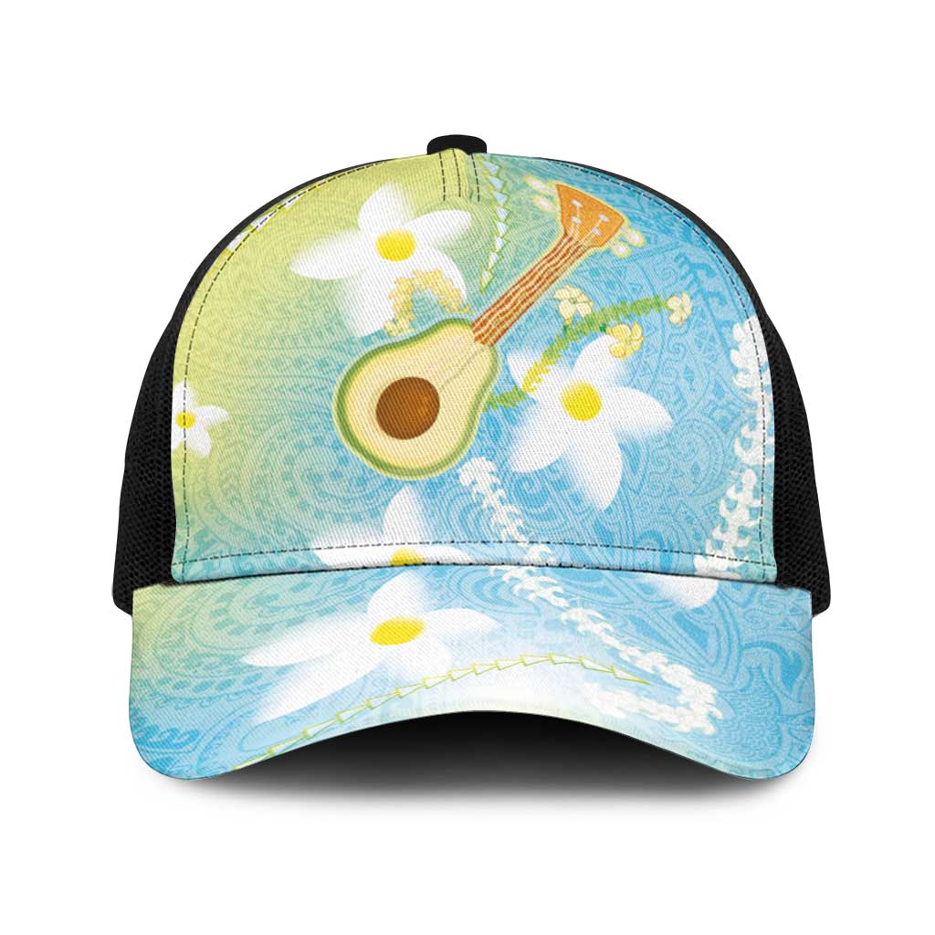 Hawaiian Ukulele Avocado Baseball Net Cap Leis and Polynesian Pattern LT03 One Size Black White - Polynesian Pride