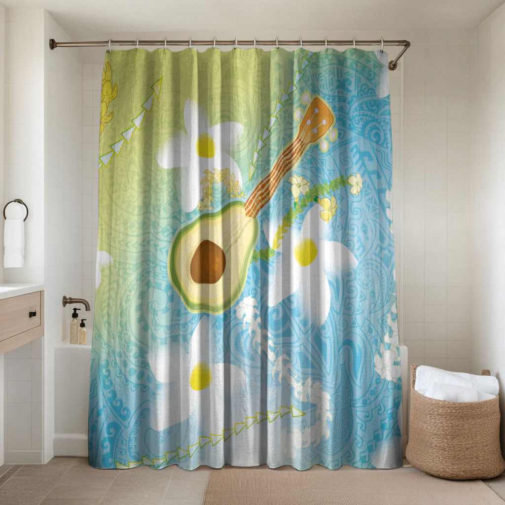 Hawaiian Ukulele Avocado Bathroom Set Leis and Polynesian Pattern LT03 Shower Curtain Only White - Polynesian Pride
