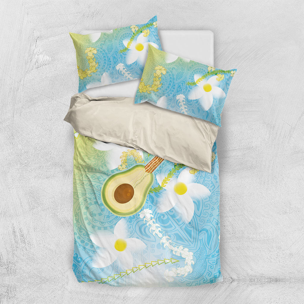 Hawaiian Ukulele Avocado Bedding Set Leis and Polynesian Pattern LT03 US Twin 172cm x 218cm White - Polynesian Pride