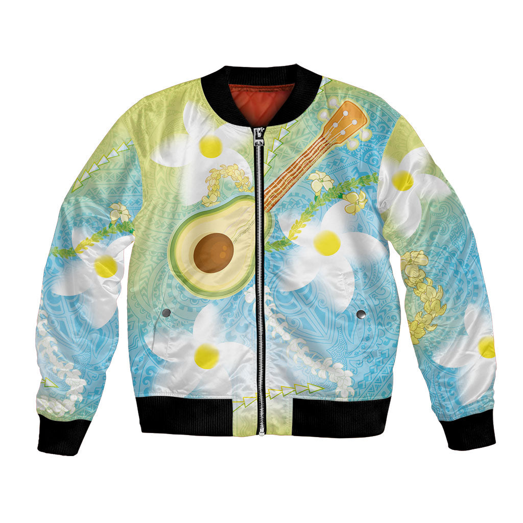 Hawaiian Ukulele Avocado Bomber Jacket Leis and Polynesian Pattern LT03 Unisex White - Polynesian Pride