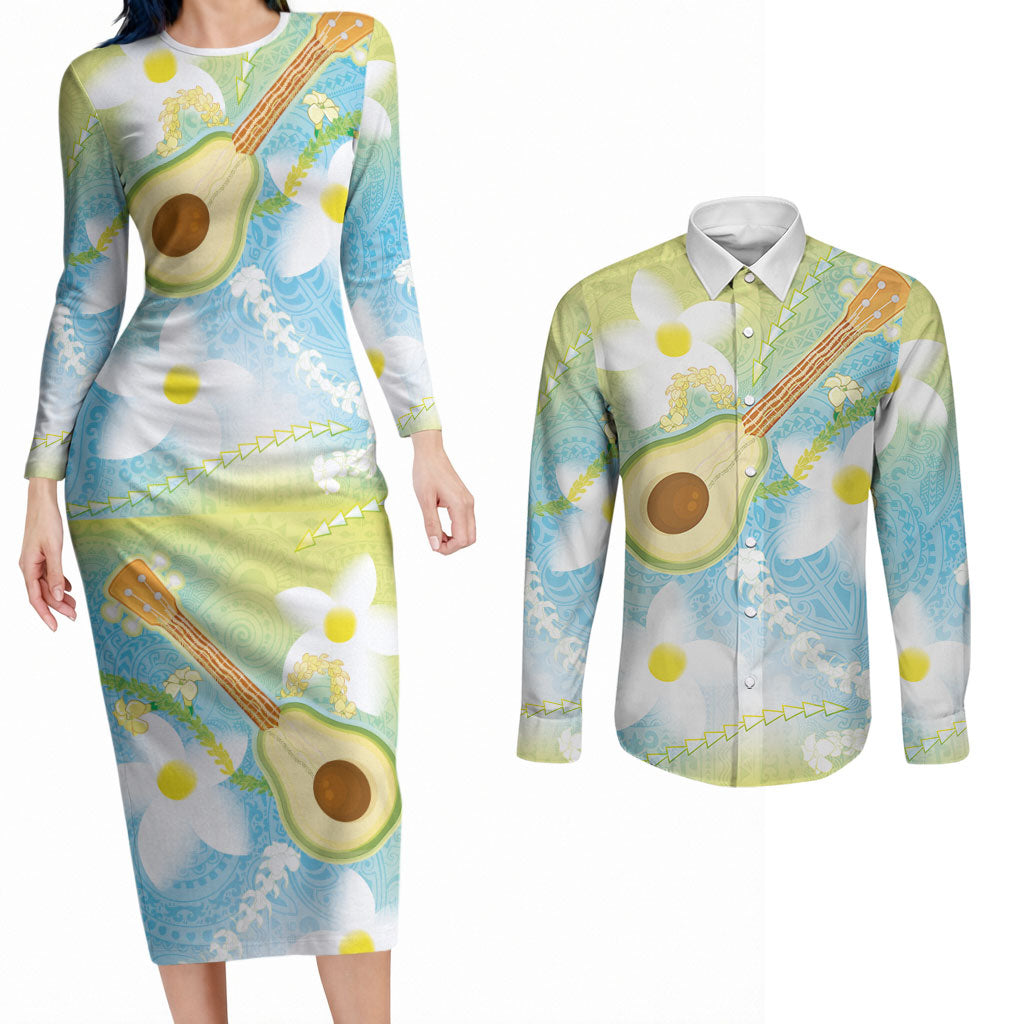 Hawaiian Ukulele Avocado Couples Matching Long Sleeve Bodycon Dress and Long Sleeve Button Shirt Leis and Polynesian Pattern LT03 White - Polynesian Pride