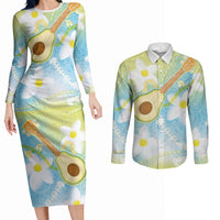Hawaiian Ukulele Avocado Couples Matching Long Sleeve Bodycon Dress and Long Sleeve Button Shirt Leis and Polynesian Pattern LT03 White - Polynesian Pride