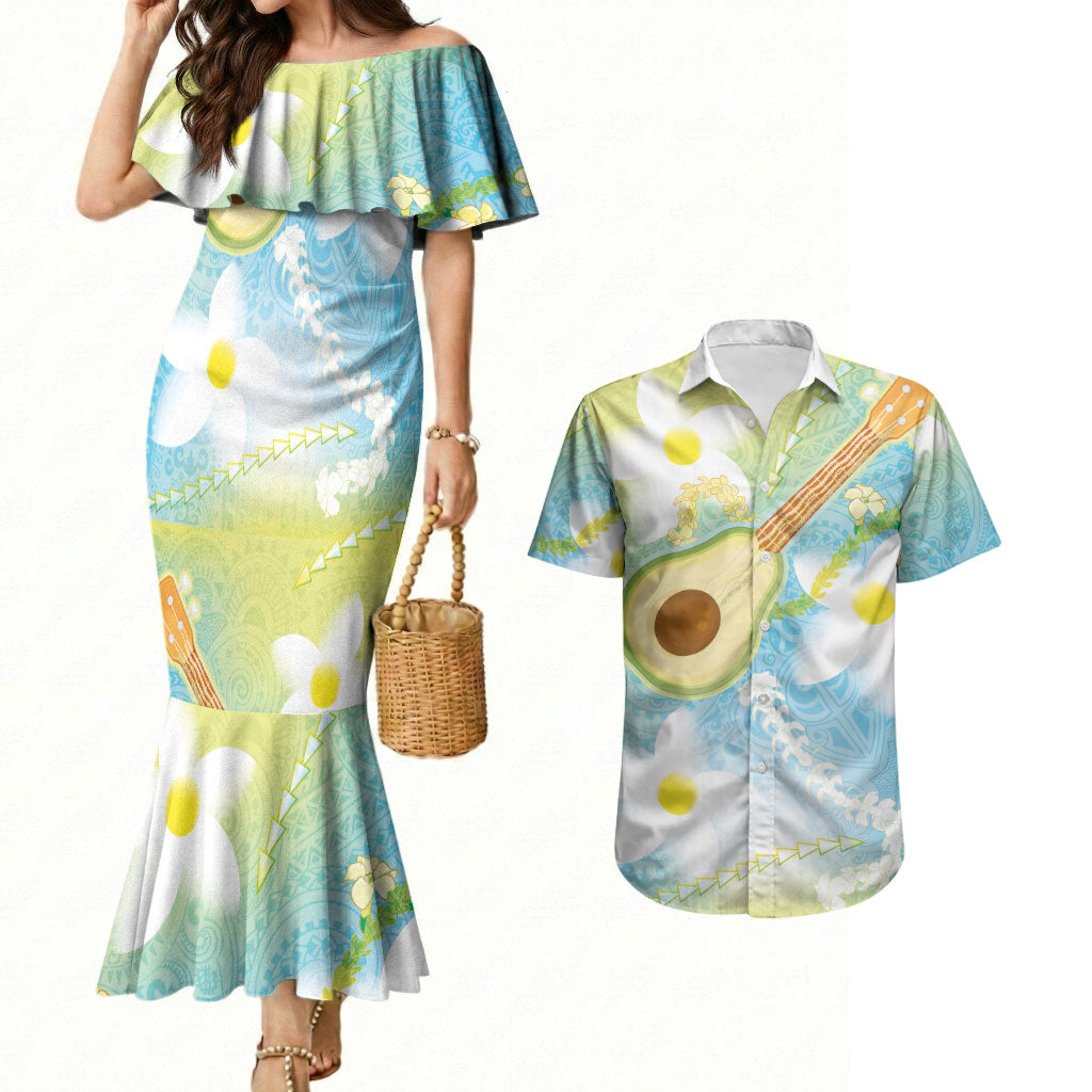 Hawaiian Ukulele Avocado Couples Matching Mermaid Dress and Hawaiian Shirt Leis and Polynesian Pattern LT03 White - Polynesian Pride