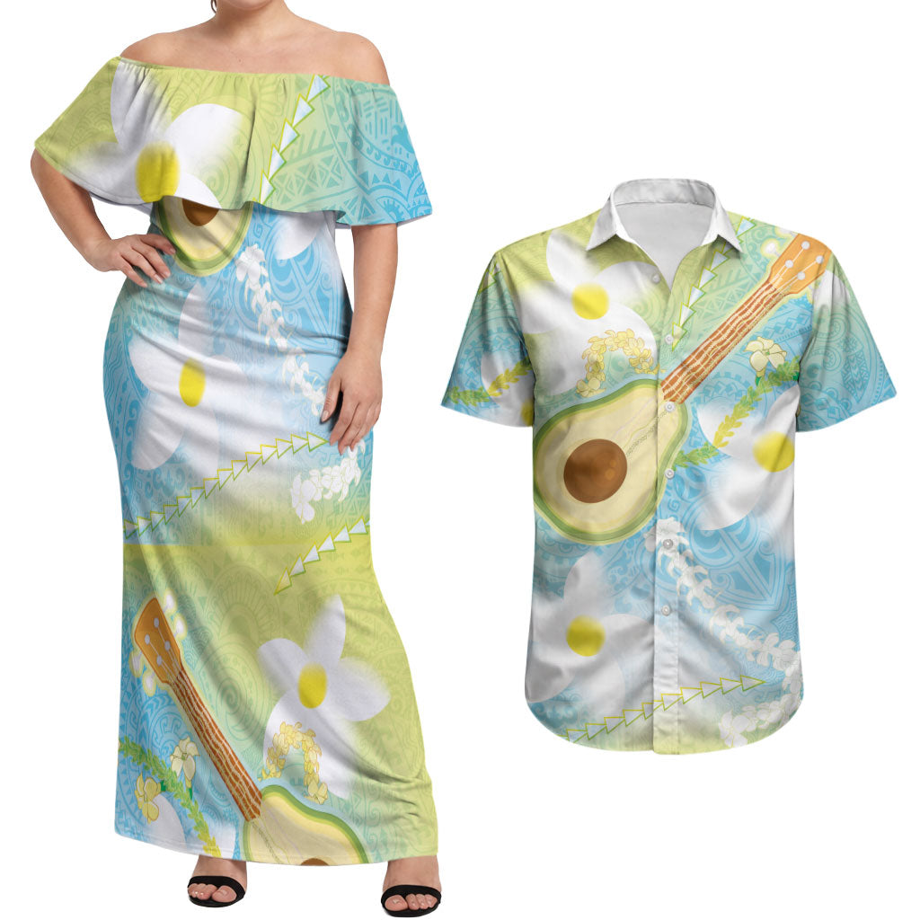 Hawaiian Ukulele Avocado Couples Matching Off Shoulder Maxi Dress and Hawaiian Shirt Leis and Polynesian Pattern LT03 White - Polynesian Pride