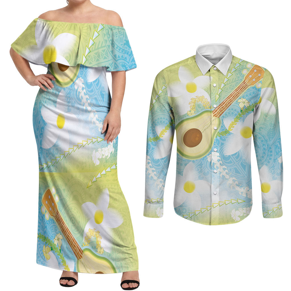 Hawaiian Ukulele Avocado Couples Matching Off Shoulder Maxi Dress and Long Sleeve Button Shirt Leis and Polynesian Pattern LT03 White - Polynesian Pride