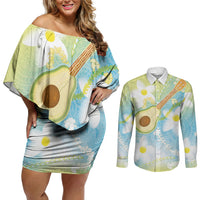 Hawaiian Ukulele Avocado Couples Matching Off Shoulder Short Dress and Long Sleeve Button Shirt Leis and Polynesian Pattern LT03 White - Polynesian Pride