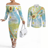 Hawaiian Ukulele Avocado Couples Matching Off The Shoulder Long Sleeve Dress and Long Sleeve Button Shirt Leis and Polynesian Pattern LT03 White - Polynesian Pride
