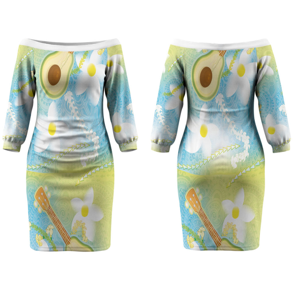 Hawaiian Ukulele Avocado Couples Matching Off The Shoulder Long Sleeve Dress and Long Sleeve Button Shirt Leis and Polynesian Pattern LT03 - Polynesian Pride