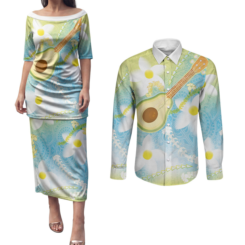 Hawaiian Ukulele Avocado Couples Matching Puletasi and Long Sleeve Button Shirt Leis and Polynesian Pattern LT03 White - Polynesian Pride