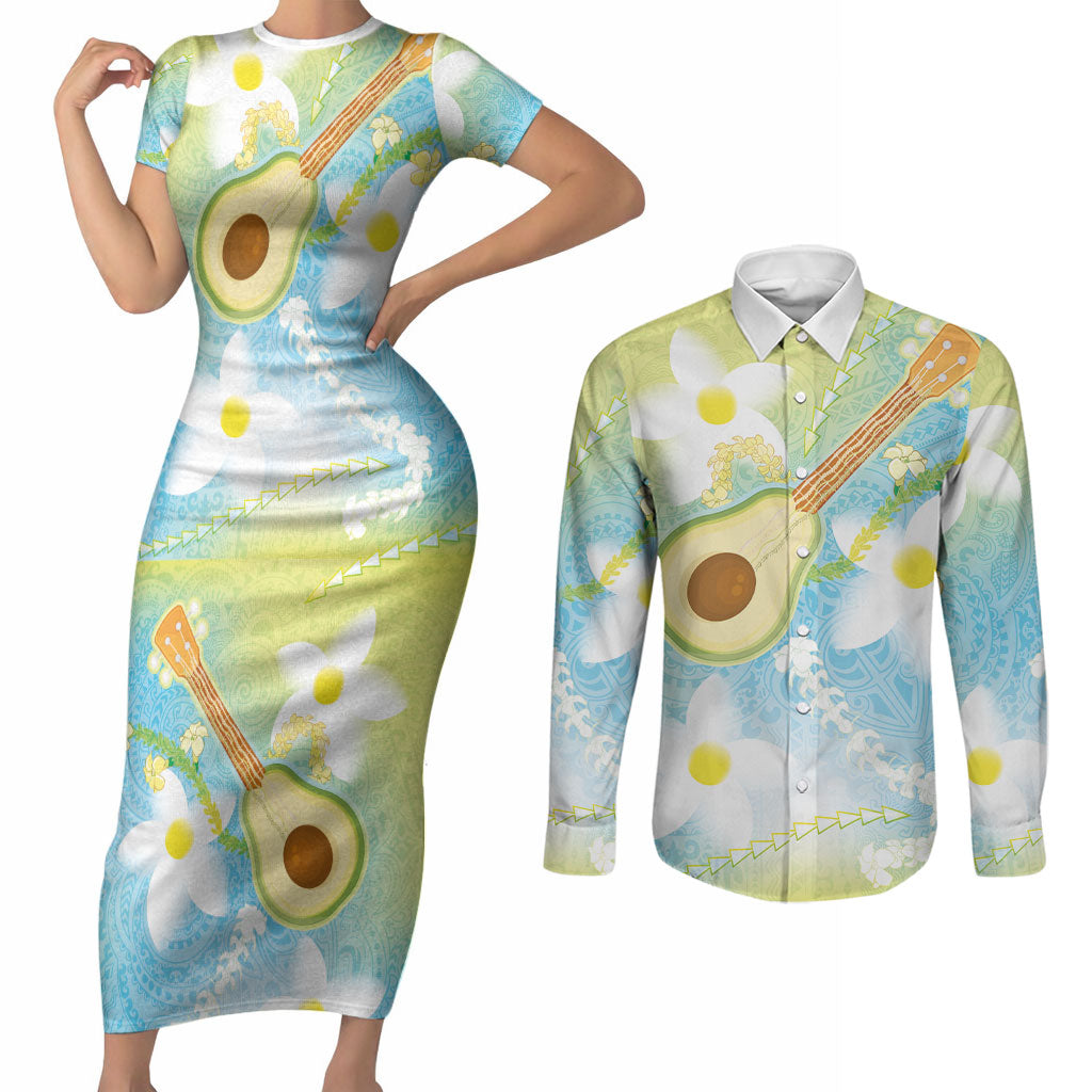 Hawaiian Ukulele Avocado Couples Matching Short Sleeve Bodycon Dress and Long Sleeve Button Shirt Leis and Polynesian Pattern LT03 White - Polynesian Pride