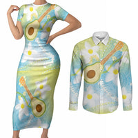 Hawaiian Ukulele Avocado Couples Matching Short Sleeve Bodycon Dress and Long Sleeve Button Shirt Leis and Polynesian Pattern LT03 White - Polynesian Pride