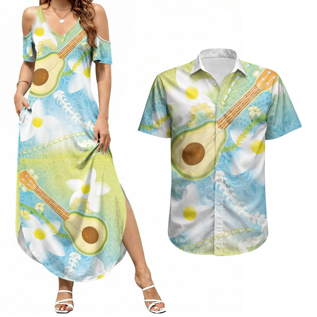 Hawaiian Ukulele Avocado Couples Matching Summer Maxi Dress and Hawaiian Shirt Leis and Polynesian Pattern LT03 White - Polynesian Pride