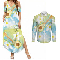Hawaiian Ukulele Avocado Couples Matching Summer Maxi Dress and Long Sleeve Button Shirt Leis and Polynesian Pattern LT03 White - Polynesian Pride