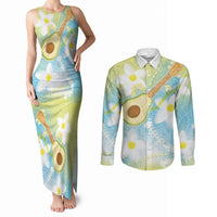 Hawaiian Ukulele Avocado Couples Matching Tank Maxi Dress and Long Sleeve Button Shirt Leis and Polynesian Pattern LT03 White - Polynesian Pride
