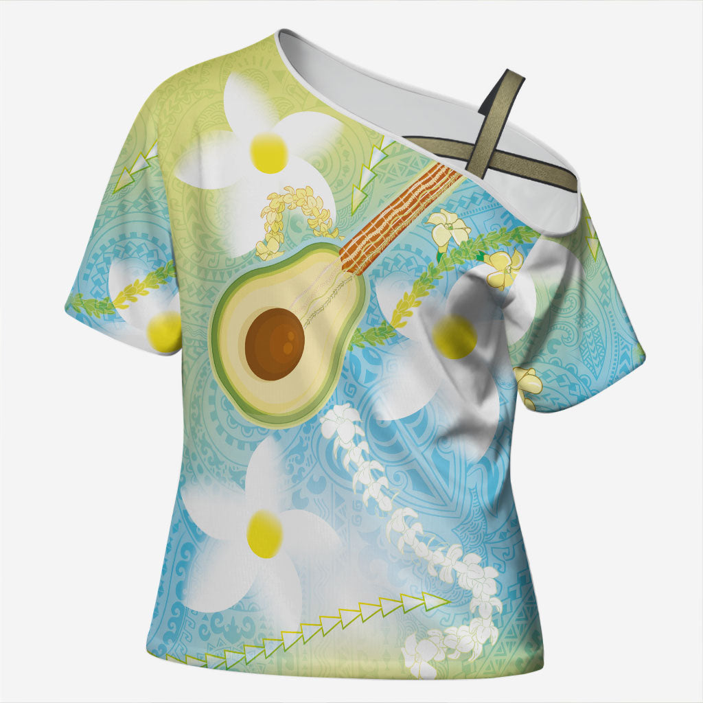 Hawaiian Ukulele Avocado Cross Shoulder Shirt Leis and Polynesian Pattern LT03 Female White - Polynesian Pride