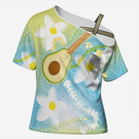 Hawaiian Ukulele Avocado Cross Shoulder Shirt Leis and Polynesian Pattern LT03 Female White - Polynesian Pride