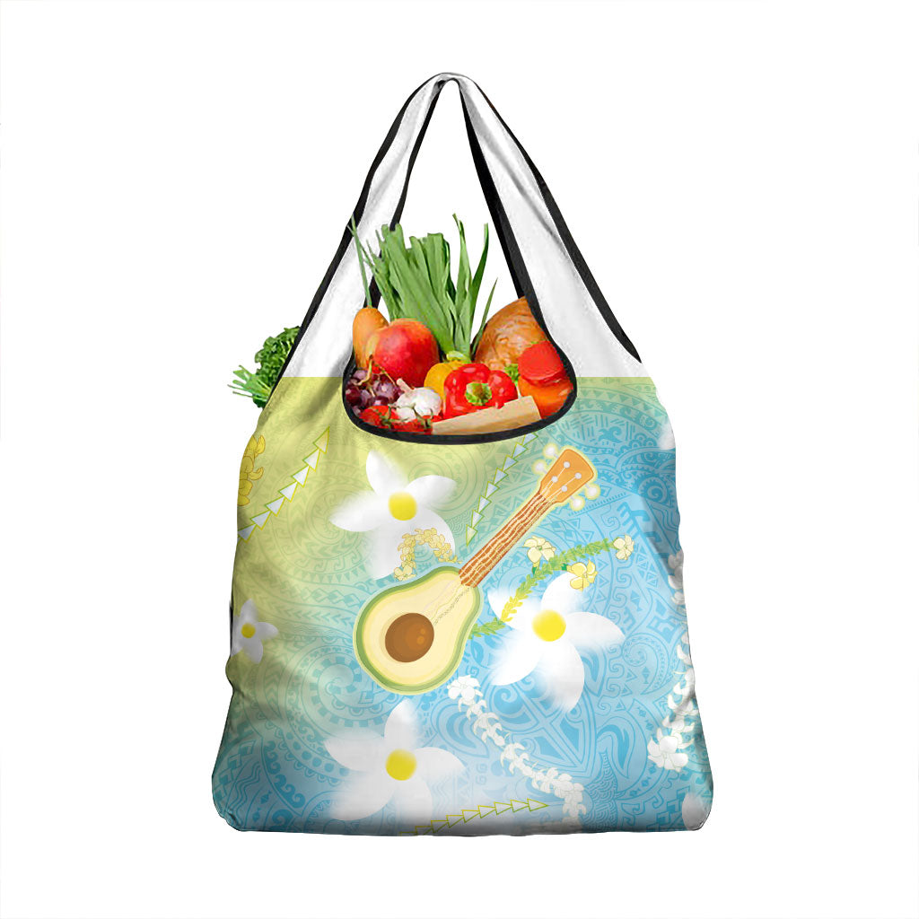 Hawaiian Ukulele Avocado Grocery Bag Leis and Polynesian Pattern LT03 1-pack One Size White - Polynesian Pride