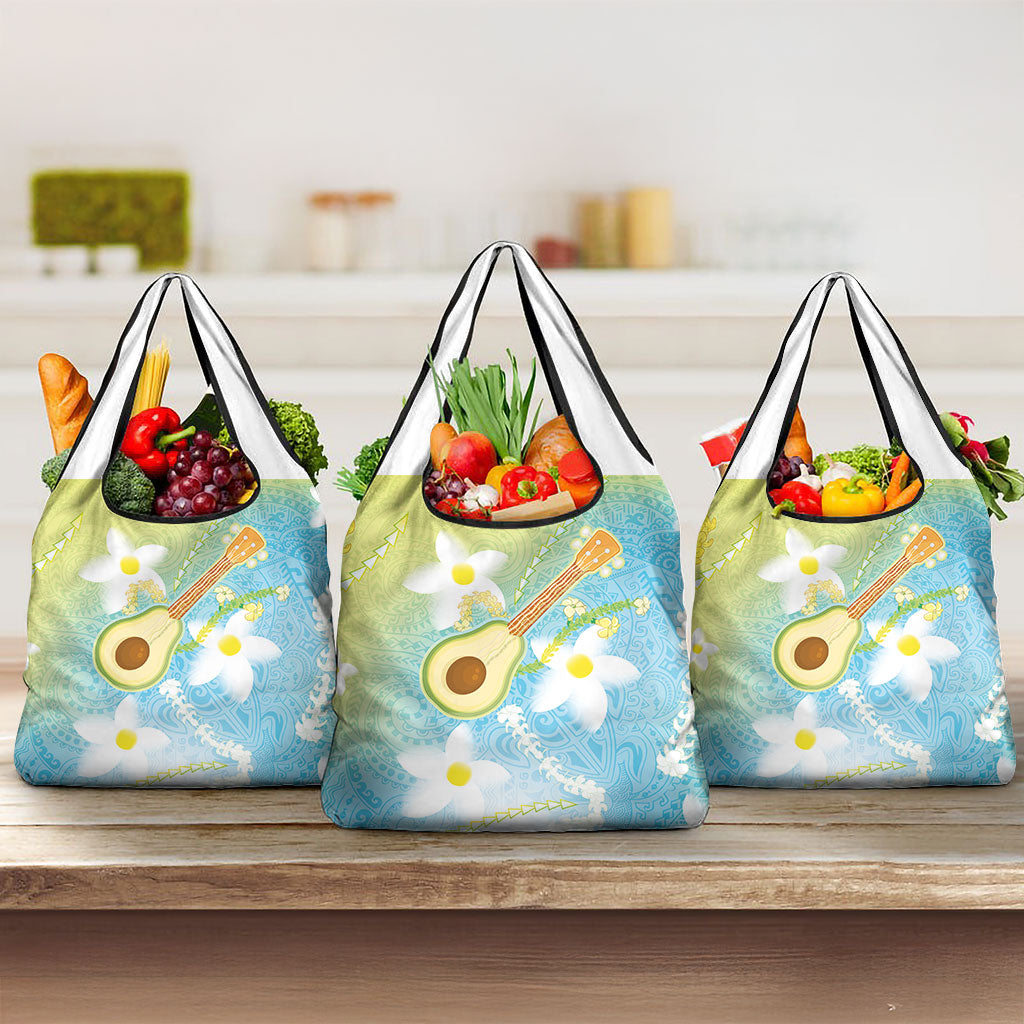 Hawaiian Ukulele Avocado Grocery Bag Leis and Polynesian Pattern LT03 3-pack One Size White - Polynesian Pride