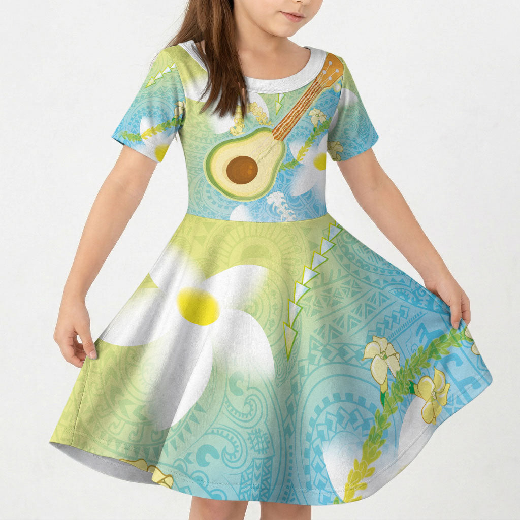Hawaiian Ukulele Avocado Kid Short Sleeve Dress Leis and Polynesian Pattern LT03 KID White - Polynesian Pride