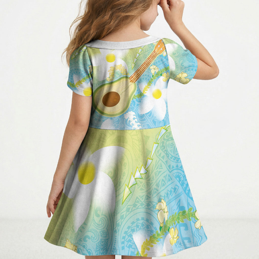 Hawaiian Ukulele Avocado Kid Short Sleeve Dress Leis and Polynesian Pattern LT03 - Polynesian Pride