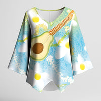 Hawaiian Ukulele Avocado Kimono Sleeve Blouse Leis and Polynesian Pattern LT03 Female White - Polynesian Pride