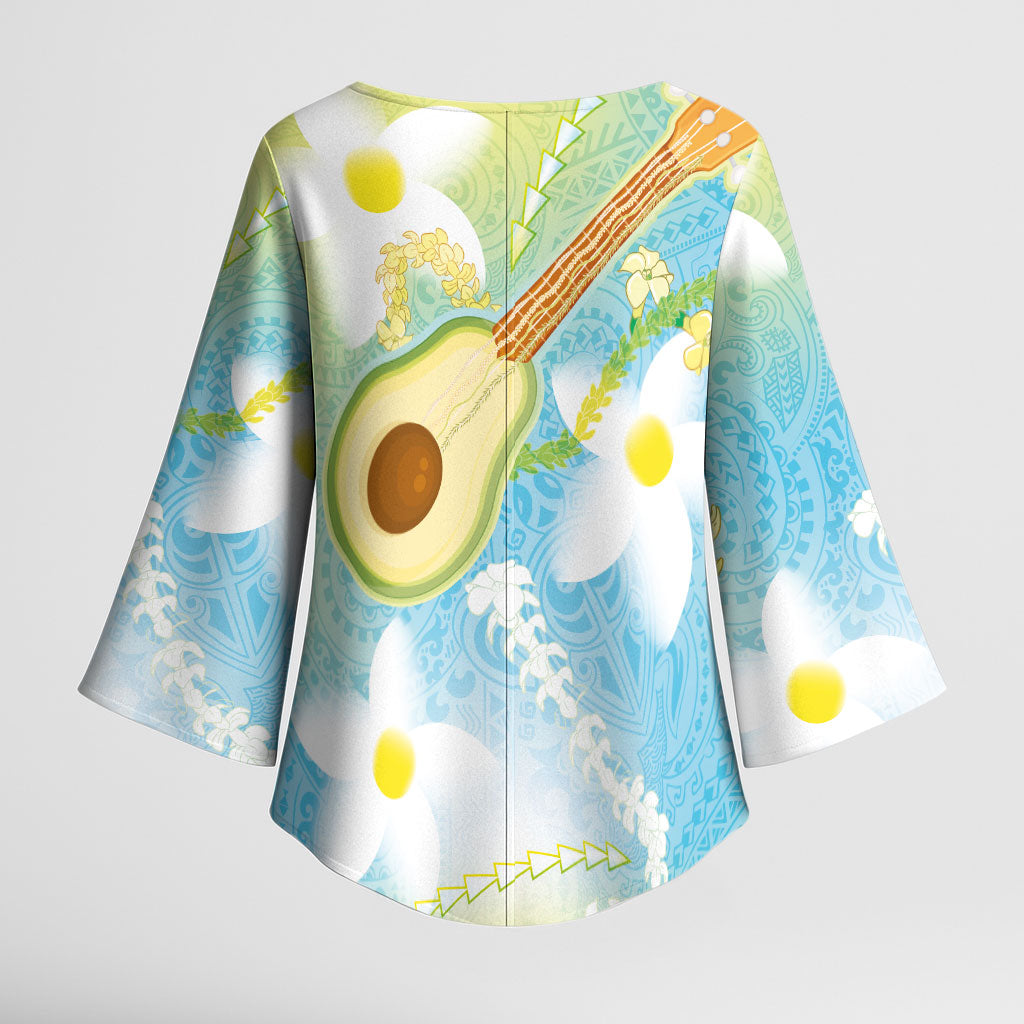 Hawaiian Ukulele Avocado Kimono Sleeve Blouse Leis and Polynesian Pattern LT03 - Polynesian Pride